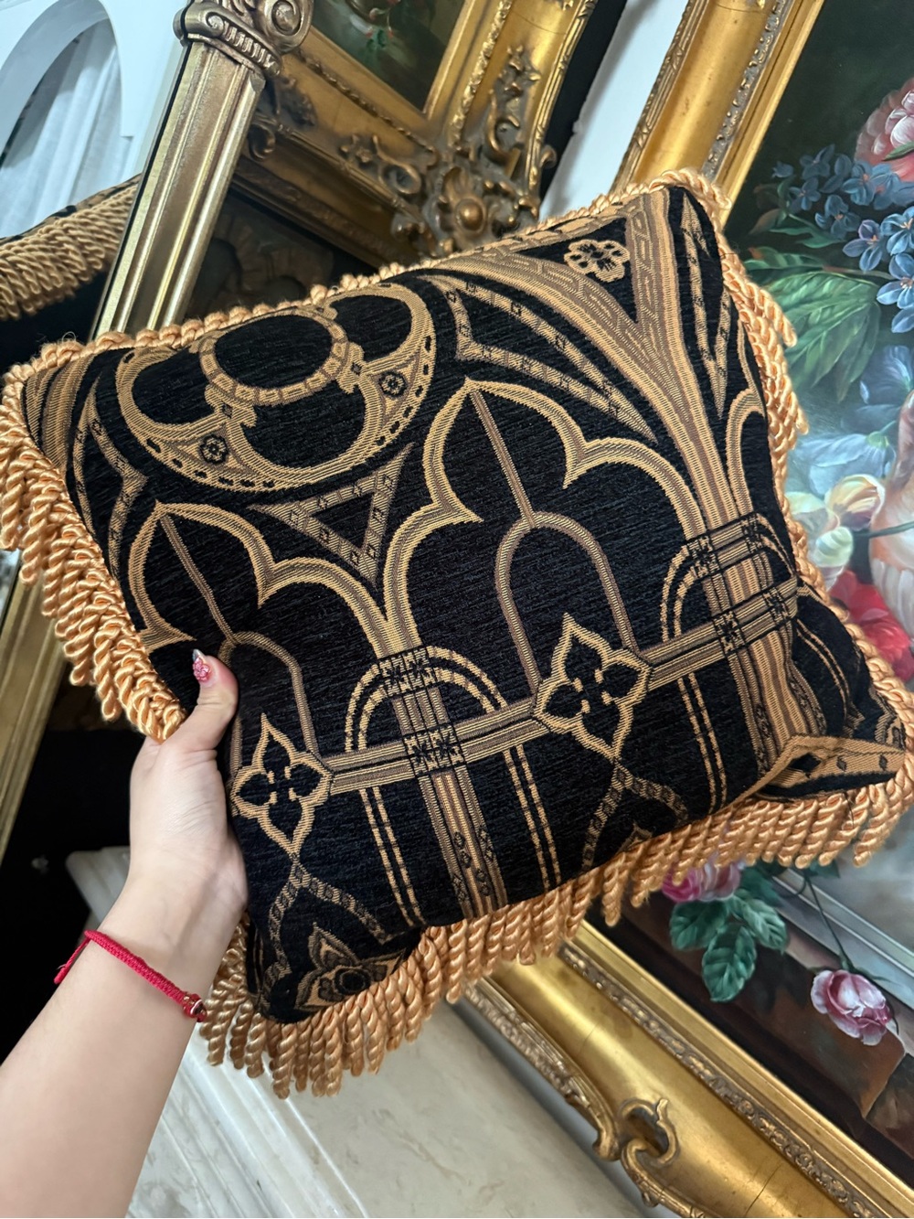 Decorative Black and Gold Fringe Accent Pillow by
